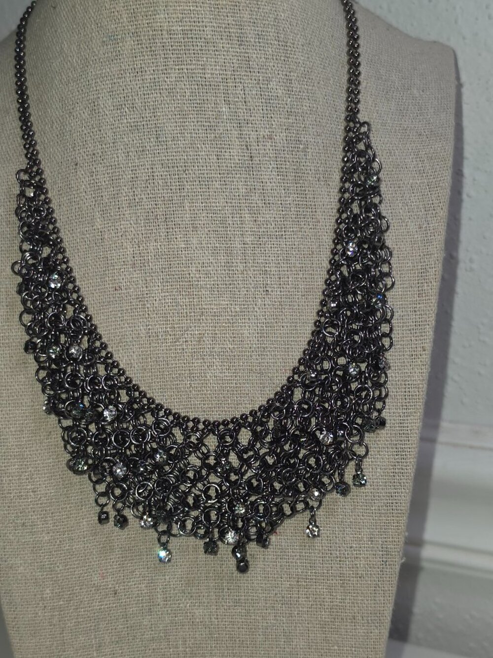 Express Black Gunmetal Chainmail Rhinestone Bib Choker Statement Necklace 17"